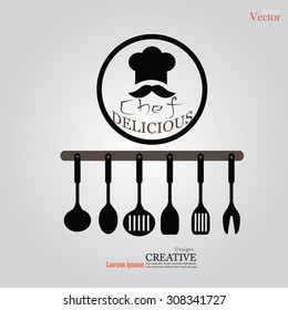 Chef icon. Kitchen tools - spatula, spoon, ladle. Vector illustration.