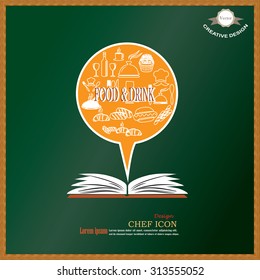 Chef icon with open book on chalkboard.Chef symbol.vector illustration.