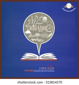 Chef icon with open book on chalkboard.Chef symbol.vector illustration. 