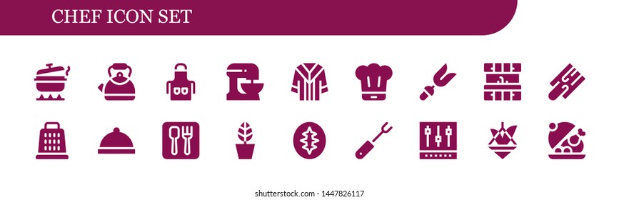 chef icon set. 18 filled chef icons.  Simple modern icons about  - Pot, Kettle, Apron, Beater, Uniform, Chef, Fork, Kitchen, Cutting board, Grater, Dinner, Restaurant, Sourdough