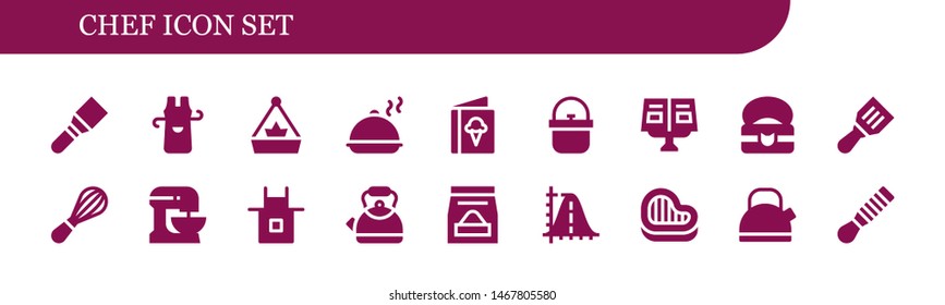 chef icon set. 18 filled chef icons.  Collection Of - Spatula, Apron, Pot, Salver, Menu, Recipe book, Food, Mixer, Beater, Kettle, Parabola, Steak