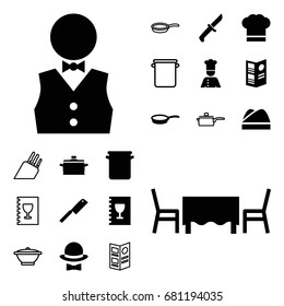 Chef icon. set of 20 chef filled and outline icons such as waiter, menu, restaurant table, hat and bow, pan, butcher knife