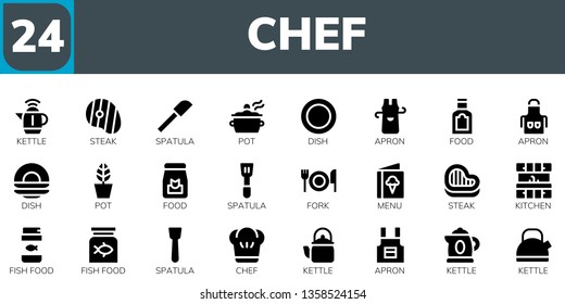 chef icon set. 24 filled chef icons.  Collection Of - Kettle, Steak, Spatula, Pot, Dish, Apron, Food, Fork, Menu, Kitchen, Fish food, Chef