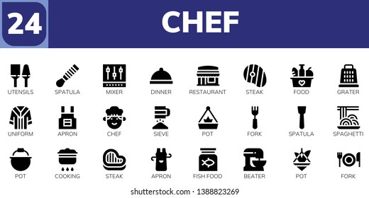 chef icon set. 24 filled chef icons.  Collection Of - Utensils, Spatula, Mixer, Dinner, Restaurant, Steak, Food, Grater, Uniform, Apron, Chef, Sieve, Pot, Fork, Spaghetti, Cooking