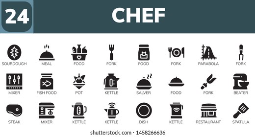 chef icon set. 24 filled chef icons.  Collection Of - Sourdough, Meal, Food, Fork, Parabola, Mixer, Fish food, Pot, Kettle, Salver, Beater, Steak, Dish, Restaurant, Spatula