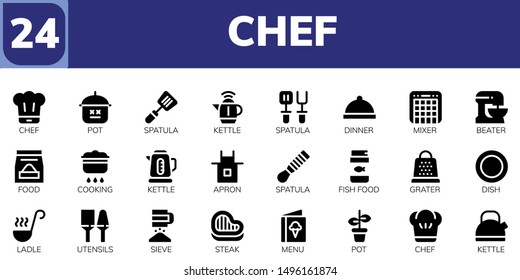 chef icon set. 24 filled chef icons.  Simple modern icons about  - Chef, Pot, Spatula, Kettle, Dinner, Mixer, Beater, Food, Cooking, Apron, Fish food, Grater, Dish, Ladle, Utensils
