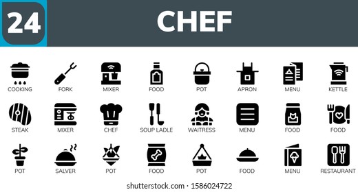 chef icon set. 24 filled chef icons.  Simple modern icons about  - Cooking, Fork, Mixer, Food, Pot, Apron, Menu, Kettle, Steak, Chef, Soup ladle, Waitress, Salver, Restaurant