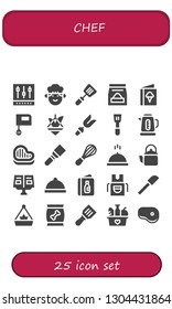 chef icon set. 25 filled chef icons.  Simple modern icons about  - Mixer, Chef, Spatula, Food, Menu, Pot, Fork, Kettle, Steak, Meal, Recipe book, Dinner, Apron