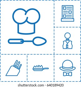 Chef icon. set of 6 chef outline icons such as waiter, menu, hat and bow, chef hat and spoon, pan-fry