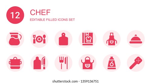 chef icon set. Collection of 12 filled chef icons included Pot, Dinner, Cutting board, Cook, Apron, Restaurant, Food, Serving dish, Slotted spoon