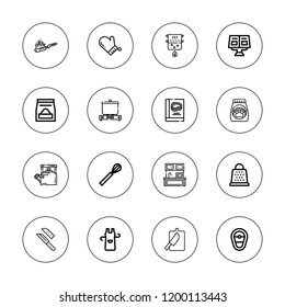 Chef icon set. collection of 16 outline chef icons with apron, cutting board, cooking, food, frying pan, grater, knive, kettle, kitchen, pot, recipe book, recipe, whisk icons.