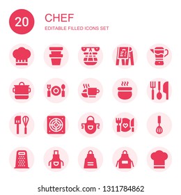 chef icon set. Collection of 20 filled chef icons included Chef, Pot, Menu, Mixer, Dinner, Meal, Eating utensils, Extractor, Apron, Food, Grater, hat