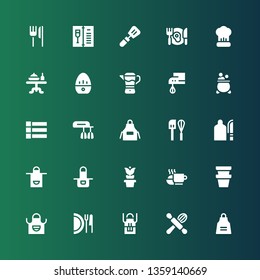 chef icon set. Collection of 25 filled chef icons included Apron, Cooking, Dish, Pot, Meal, Cutting board, Mixer, Menu, Beater, Kitchen timer, Dinner table, Dinner, Slotted spoon