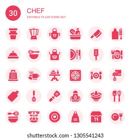 chef icon set. Collection of 30 filled chef icons included Pot, Beater, Apron, Food, Cleaver, Serving dish, Dish, Grater, Meal, Dinner table, Extractor, Dinner, Cutting board