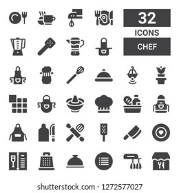 chef icon set. Collection of 32 filled chef icons included Restaurant, Mixer, Menu, Foods, Grater, Food, Cleaver, Cooking, Cutting board, Apron, Chef, Hot pot, Pot, Serving dish