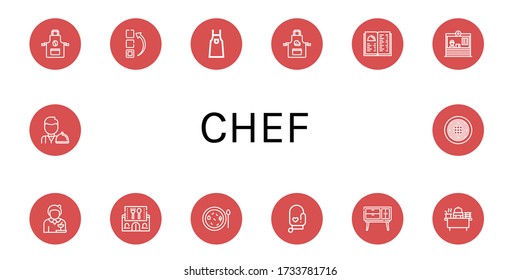 chef icon set. Collection of Apron, Menu, Restaurant, Waitress, Soup, Oven mitt, Buffet, Waiter, Spaghetti icons