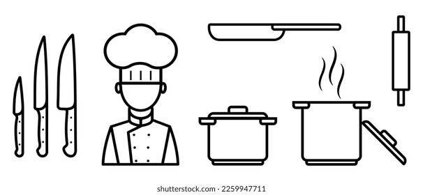 Chef icon set. Collection of cooking kitchen utensils. Outline style Vector illustration