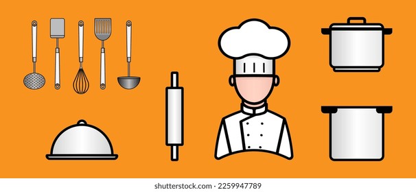 Chef icon set. Collection of cooking kitchen utensils. Clip art Vector illustration