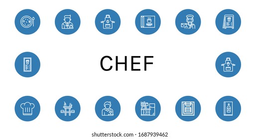 chef icon set. Collection of Soup, Waiter, Apron, Postwoman, Menu, Chef hat, Dinner table, Waitress, Kitchen, Wine menu icons