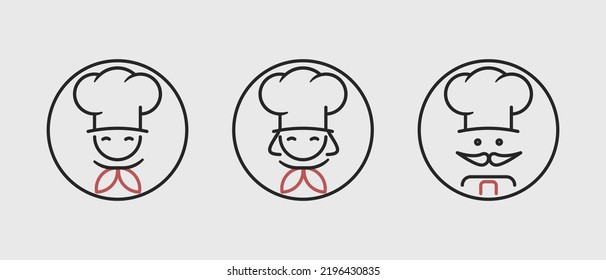 Chef icon set. Male chef, female chef and a male chef with a mustache. Outline thin line flat style icons. Isolated on white background. 