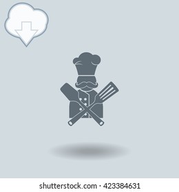 Chef icon with shadow. Cloud of download with arrow.
