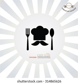 chef icon.Chef icon with spoon and fork on sunburst background.Chef symbol.vector illustration.