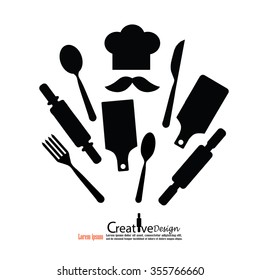 chef icon.Chef icon with spoon , fork ,knife,rolling pin and block .Chef symbol.vector illustration.