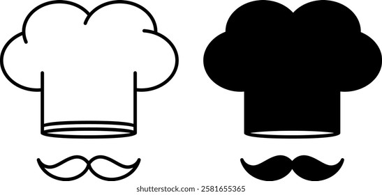 Chef Icons. Black and White Vector Icons. Chef Hat and Mustache. Professional Chef Who Manages the Process of Cooking. Restaurant Concept