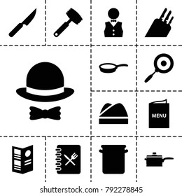 Chef icons. set of 13 editable filled chef icons such as waiter, chef hat, menu, hat and bow, pan