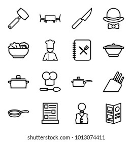 Chef icons. set of 16 editable outline chef icons such as waiter, menu, food, restaurant table, hat and bow, pan