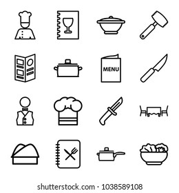 Chef icons. set of 16 editable outline chef icons such as waiter, menu, food, restaurant table, pan
