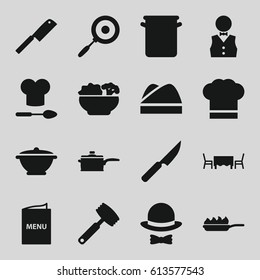 Chef icons set. set of 16 chef filled icons such as waiter, menu, food, restaurant table, hat and bow, pan, pan-fry, knife