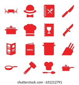 Chef icons set. set of 16 chef filled icons such as menu, restaurant table, hat and bow, pan