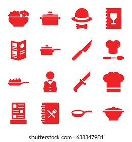 Chef icons set. set of 16 chef filled icons such as waiter, menu, food, hat and bow, pan, pan-fry