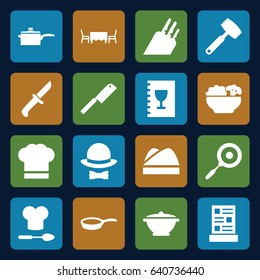 Chef icons set. set of 16 chef filled icons such as menu, food, restaurant table, hat and bow, pan, butcher knife