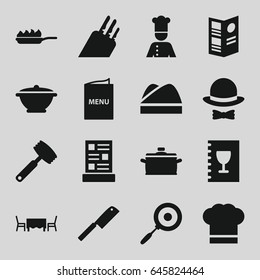 Chef icons set. set of 16 chef filled icons such as menu, restaurant table, hat and bow, pan, pan-fry, butcher knife