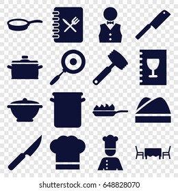 Chef icons set. set of 16 chef filled icons such as waiter, menu, restaurant table, pan, pan-fry, knife