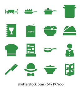 Chef icons set. set of 16 chef filled icons such as waiter, chef hat, menu, food, restaurant table, hat and bow, pan, pan-fry