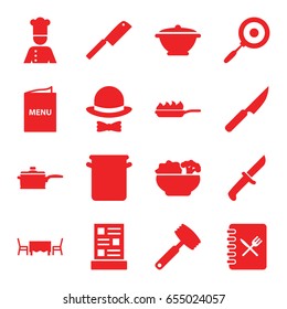 Chef icons set. set of 16 chef filled icons such as chef, menu, food, restaurant table, hat and bow, pan, pan-fry, knife
