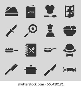 Chef icons set. set of 16 chef filled icons such as menu, food, restaurant table, hat and bow, pan, pan-fry, knife