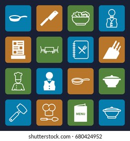Chef icons set. set of 16 chef filled and outline icons such as waiter, menu, pan, butcher knife, knife, food