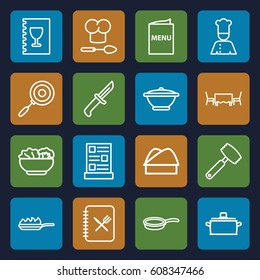 Chef icons set. set of 16 chef outline icons such as menu, food, restaurant table, pan, pan-fry