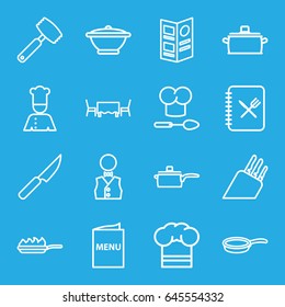 Chef icons set. set of 16 chef outline icons such as waiter, menu, restaurant table, pan, pan-fry