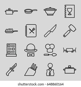 Chef icons set. set of 16 chef outline icons such as waiter, menu, restaurant table, hat and bow, chef hat and spoon, pan, pan-fry