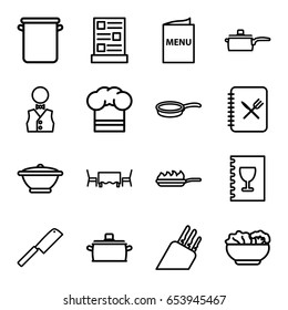 Chef icons set. set of 16 chef outline icons such as waiter, chef hat, menu, food, restaurant table, pan, pan-fry, butcher knife