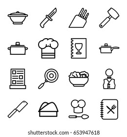 Chef icons set. set of 16 chef outline icons such as waiter, menu, food, pan, butcher knife