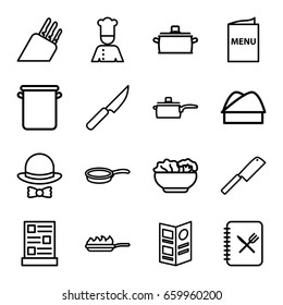 Chef icons set. set of 16 chef outline icons such as menu, food, hat and bow, pan, pan-fry, knife