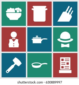 Chef icons set. set of 9 chef filled icons such as waiter, menu, food, hat and bow, pan