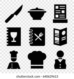 Chef icons set. set of 9 chef filled icons such as waiter, menu, pan