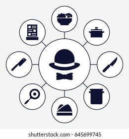 Chef icons set. set of 9 chef filled icons such as chef hat, menu, food, hat and bow, pan, knife